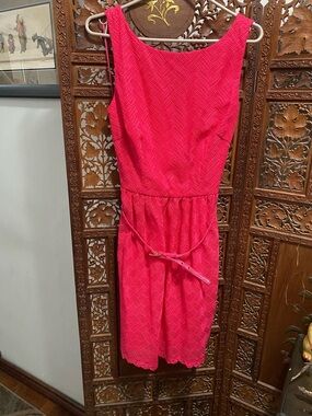 Trina Turk Bright Pink Textured Midi Sheath Dress with Waist Tie